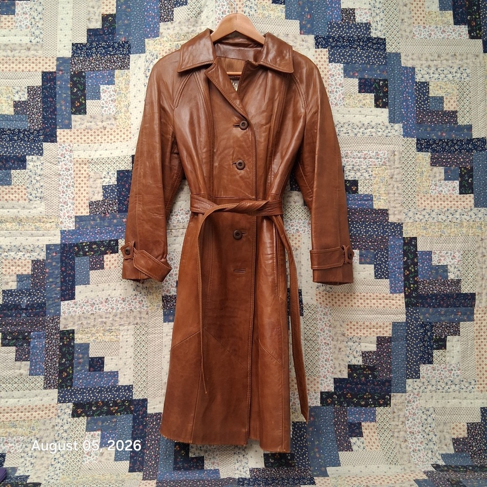 * True Vintage 70s Skin Gear Leather Trench Coat Small Brown Belted Full Length